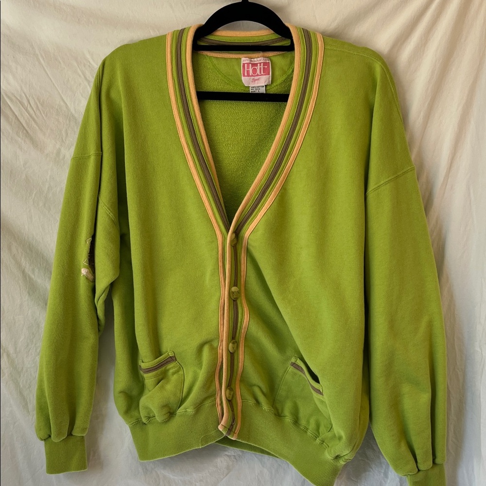 Hott Sport Vintage 80’s Lime Green Cardigan Sweater Size Large